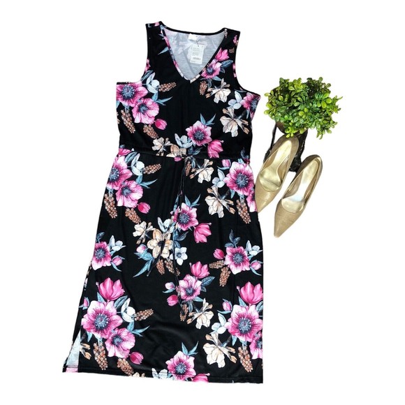 New WestLoop Floral  A-Line Drawstring Waist Short Knit Tank Dress Sz L -Bla… - Picture 9 of 12